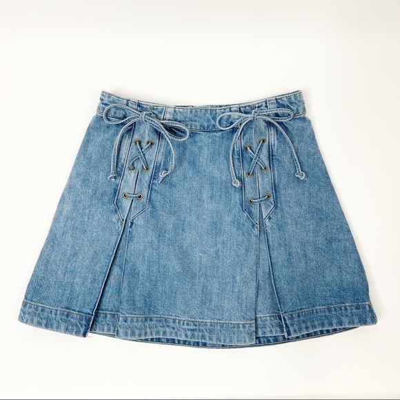 Free People Lace Up Mini Denim Jean Skirt Size 8 - Picture 5 of 11